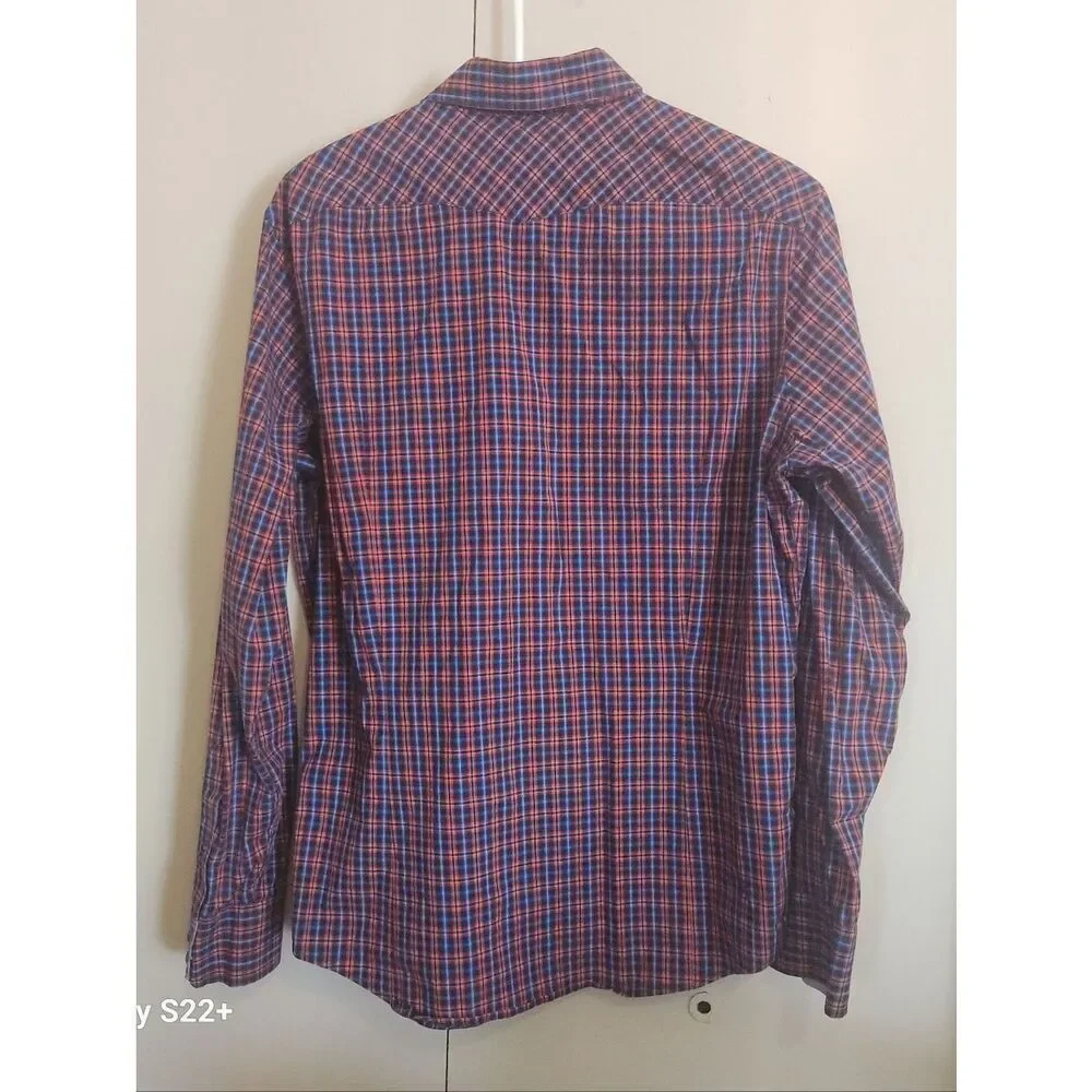 M70 Banana Republic Slim Fit Men's Red & Blue Plaid Western Shirt w Pearly Snaps